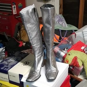 metallic silver leather knee high boots